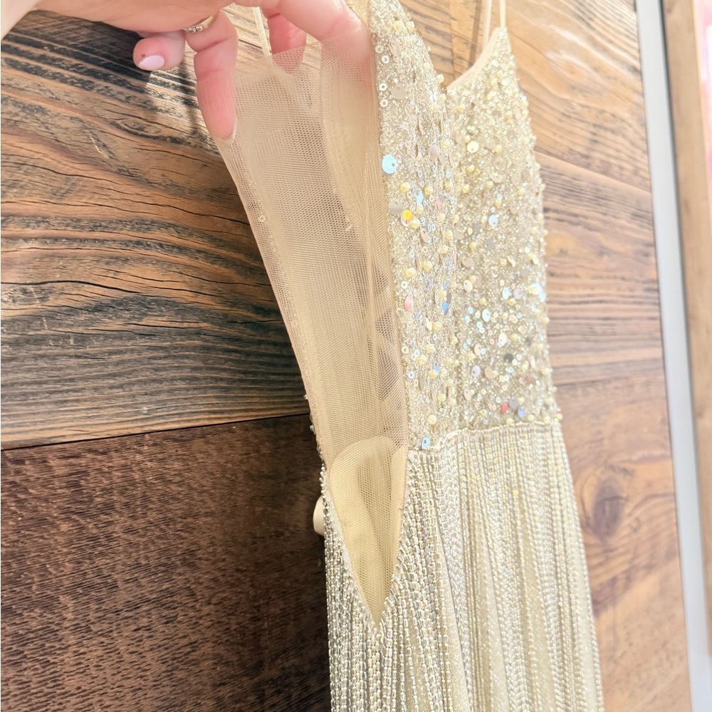 Jovani Gold Sequin Fringe Mini Tassle Dress with V-Neck *UNICORN* - Picture 7 of 17